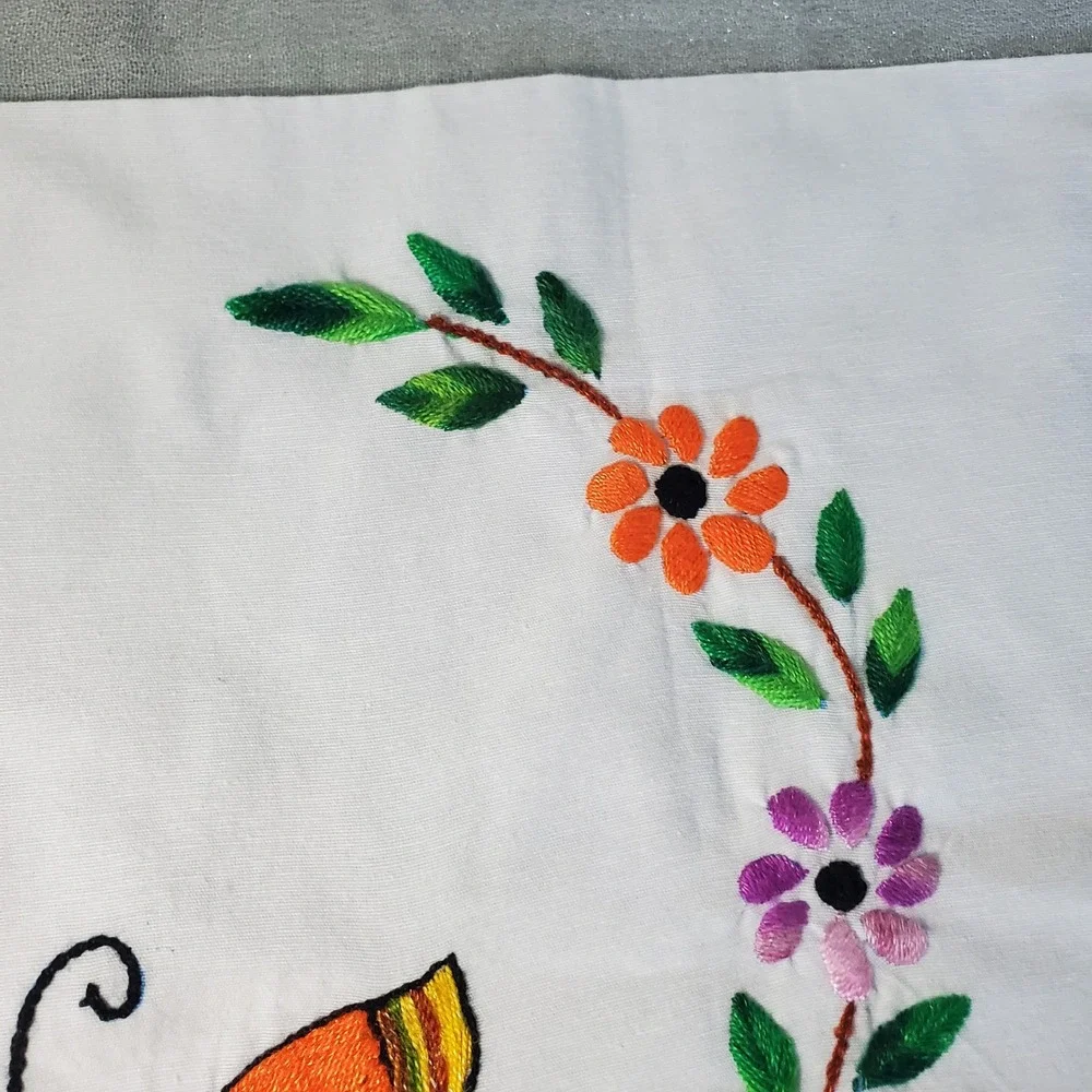 Hand Embroidered Pillowcase White Butterfly Floral Decor Home Accent Cottagecore